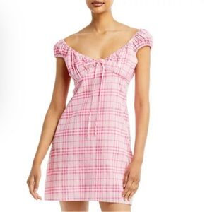 NWT WAYF Pink Plaid Mini Sundress Ruffle Sleeves Size Large